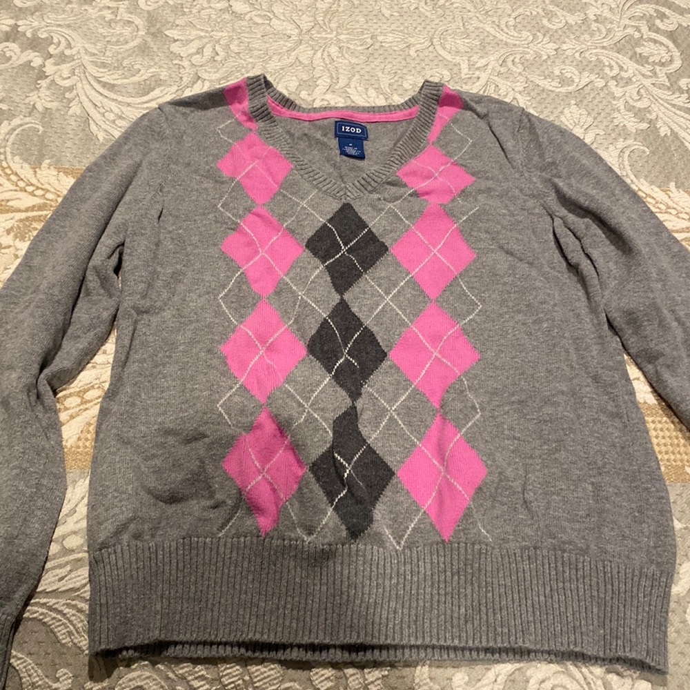 Izod M Grey /pink/black White Argyle V Cotton Knit Top